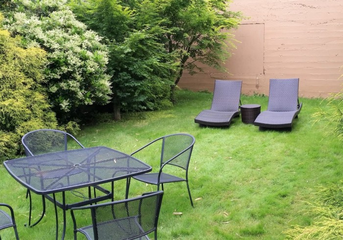A small outdoor seating area with a table and chairs, and two lounge chairs on the grass.